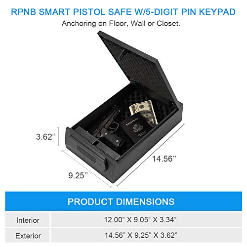 RPNB Handgun Safe, Smart Pistol Safe w/5-Digit PIN Keypad Gun Security Safe with LED & RFID Quick Access, Anchoring on Floor, Wall,Desk or Closet - Thumbnail 4
