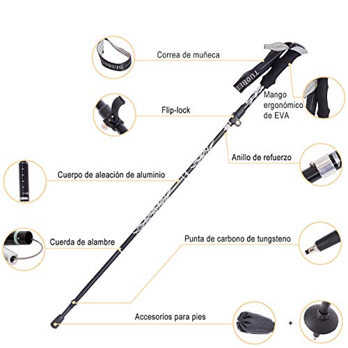 DQST Baston Trekking Plegables 130cm, Baston de Senderismo para Caminar ultraligeros, Aleación de Aluminio de Alta Resistencia (Negro)