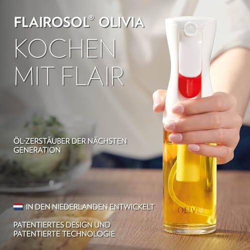 FLAIROSOL Olivia 130 ml Glass Oil Sprayer - Continuous Oil Spray Technology with Portion Control - Versatile Oil Atomiser for Cooking, Salad, Grilling, Baking and Other Scenarios (Golden Logo)