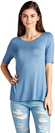 Emmalise Womens High Low Scoop Neck Top w Strap Back, Side Slit, 1/2 Sleeve Shirt, Stone Blue, M