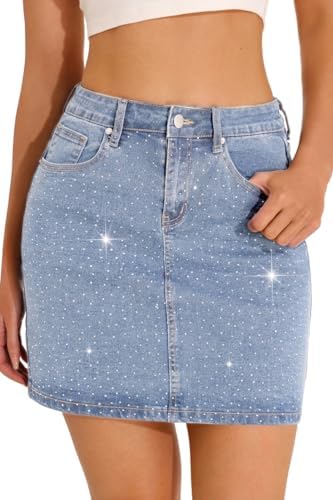 Women's Rhinestone Denim Mini Skirts Diamonds High Waist Jean A