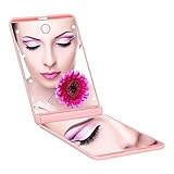 Bukm Magnifying Makeup Mirror Ultra-thin Led Lighted Compact Travel Makeup Mirror, Portable Folding Cosmetic Mirror 8 Bright LED Lights Adjustable Brightness Magnification Vanity Mirrors (Pink)