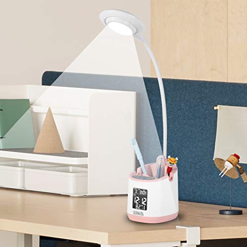 Gerintech LED Desk Lamp with Clock, Battery Operated Table Lamp with Pen Holder for Kids Dorm