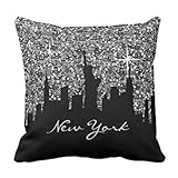 Black and Silver Confetti Glitter New York Skyline Throw Pillowcase 18 x 18 Inches