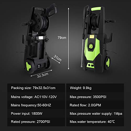 mrliance 3500PSI Electric Pressure Washer 2.0GPM Power Washer 1800W High Pressure Washer Cleaner Machine with Spray Gun, Hose Reel, Brush, and 4 Adjustable Nozzle (Green)