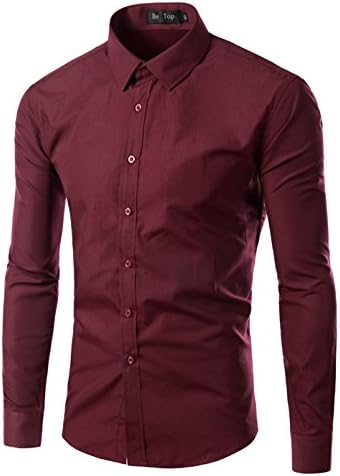 Mada Mens Casual Long Sleeve Business Dress Shirt Solid Color Slim Fit Shirts US XL Wine Red