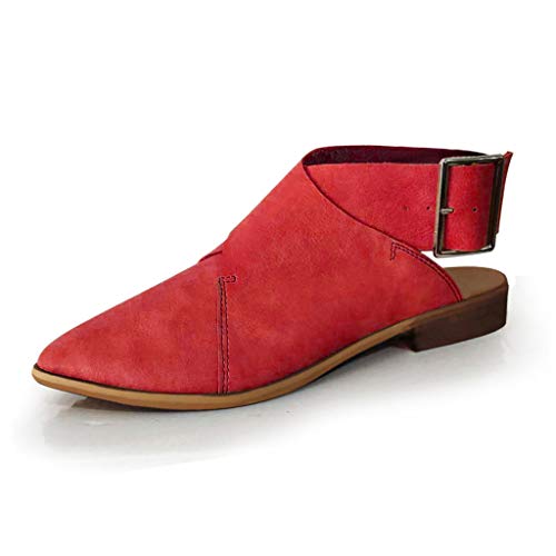 Womens Heeled Ankle Buckle Block Pointed Toe Buckle Strap Ankle Pumps Sandals Vintage Sandals Roman Shoes Red