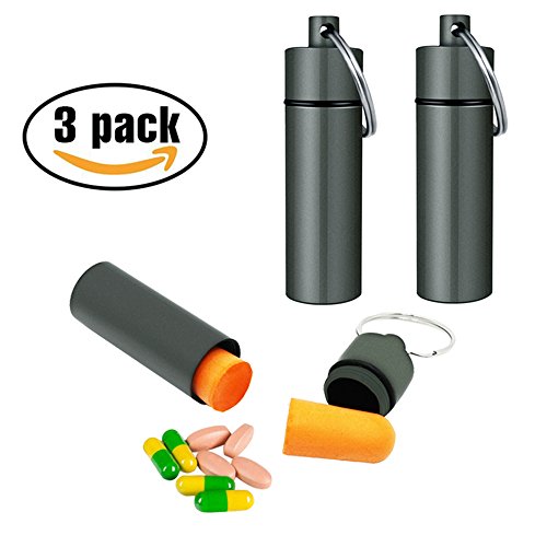 3 Packs Aluminum Waterproof Pill Holder, Effiet Pillbox Case Fob Medicine Bottle Drug Holder Compact Container Keychain Pill Box Case with Bonus Earplug Ear Plugs (Matt Finished)