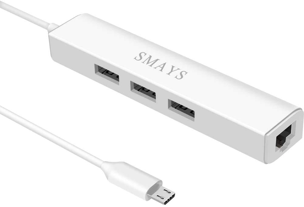Micro Usb to Ethernet Lan Adapter With 3 Ports Usb Hub For Google Nexus Player,Tv Stick Streaming Device,Raspberry Pi Zero - White