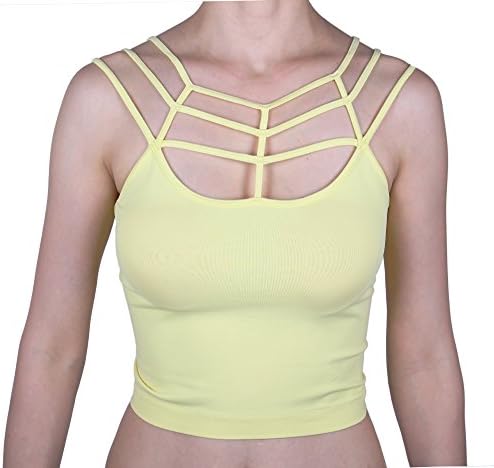 Styleyet Women's Seamless Strappy Multi Spaghetti Strap Caged Crop Top (Free Size, Light Yellow)