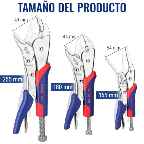 WORKPRO 3 Piece Set of Locking Pliers Pressure Pliers Cr-V Steel, Curved Jaw 18 cm and 25 cm, Straight Jaw 16.5 cm