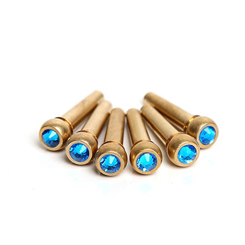 Ireav 6pcs Brass Guitar Bridge Pins,Brass End Pin with Colorful Crystal Glass Dot for Acoustic Guitar Parts Replacement (Blue)