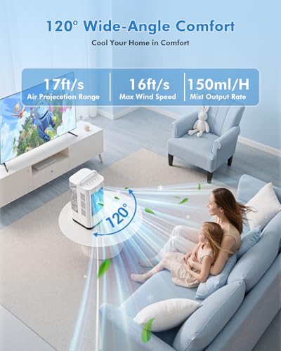 Deodak 4-in-1 Portable Air Conditioners: 1700ml Tank Mini Air Conditioner with 120° Oscillating 16.5ft Remote - Evaporative Air Cooler with 3 Speed & 7 Lights 1-7H Timer - Portable AC Unit for Bedroom