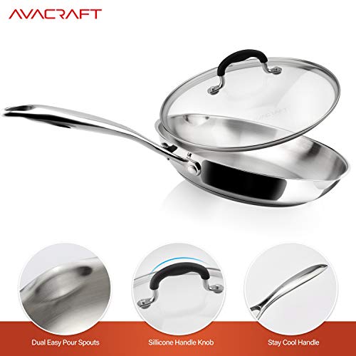AVACRAFT 18/10 8 Inch Stainless Steel Frying Pan with Lid, Side Spouts