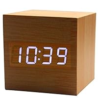 KINDOYO Cubo de control de sonido de visualización de madera moderno LED Digital Despertador de escritorio Reloj USB / de pilas de reloj de calendario de termómetro para uso de oficina de dormitorio