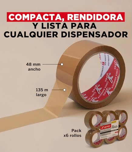 YUREX Cinta Canela 48mm x 135m Industrial 810m Totales Rinde Tres Veces Mas Pack 6 Adhesivo Fuerte y Silencioso sin Residuos Cinta de Embalaje Extra Larga para Cajas y Mudanzas Mas Metros por Rollo