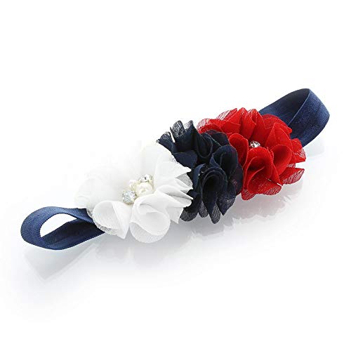My Lello Baby Flower Headbands Toddler Fabric Beaded Trio Stretchy Elastic Pair (Red/Navy/White/Red) - Thumbnail 4