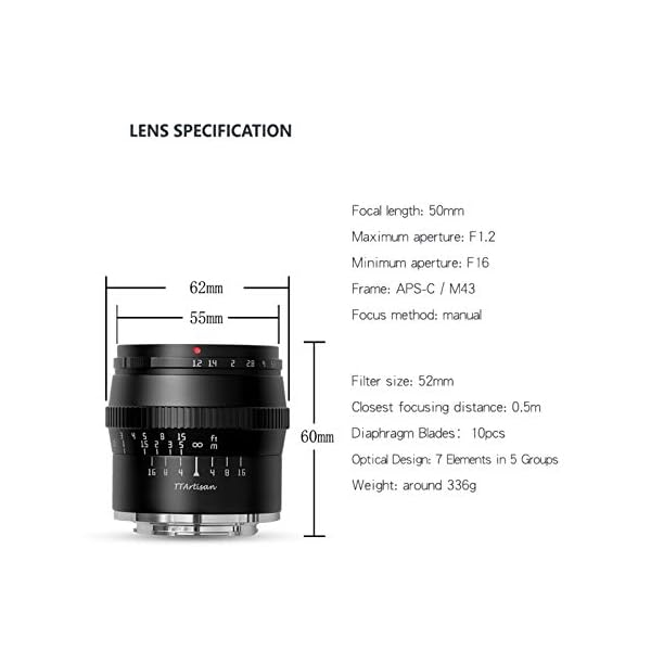 TTARTISAN 50mm F1.2 Objektiv APS-C MF für Fuji X Mount Kameras X-A1 X-A10 X-M1 X-M2 X-H1 X-T1 X-T10 X-T2 X-T20 X-T3 X-T4 X- T100 X-T200 X-T30 X-PR01 XS10 und mehr.(schwarz) – Bild 7