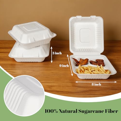 Lucklot 100 Pack Togo 8×9 Inch Disposable 3 Compartment White Clamshell Take Out Containers with Lids, To Go Takeout Lunch Boxes Compostable and Eco-Friendly Biodegradable Bagasse PFAS-Free for Food