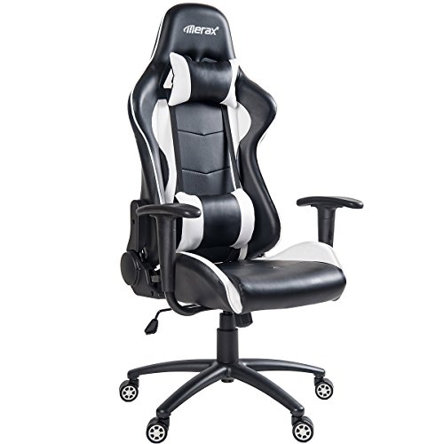 Merax Ergonomic High Back Swivel Racing Style Gaming Chair PU Leather with Lumbar Support and Headrest (White)