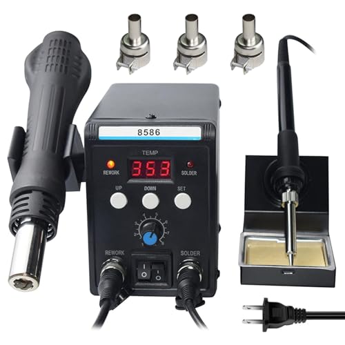 Jadeshay Estación de Soldadura 8586, Estación de Soldadura 2 en 1, 700 W, Pantalla Digital 110 V, Pistola de Aire Caliente, Herramientas con 3 Boquillas para Soldar, Desoldar y Reparar, ESD Seguro