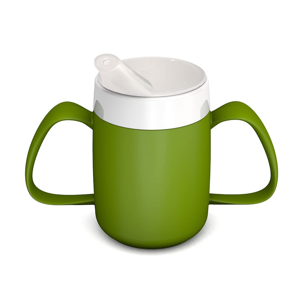 Ornamin Two Handled Mug with Internal Cone 140 ml Green with Spouted Lid with Small Opening (Model 815 + 806) | Drinking aid