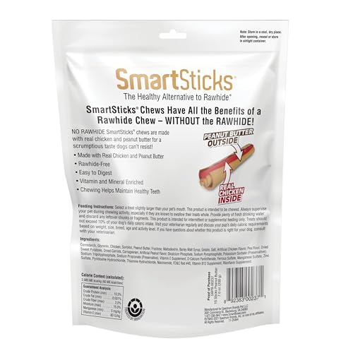 SMARTBONES SMARTSTICKS WITH REAL PEANUT BUTTER RAWHIDE-FREE CHEWS FOR DOGS, 10 COUNT