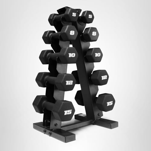 CAP Barbell 100 lb Neoprene Hex Dumbbell Weight Set with Vertical A-Frame Rack - Black