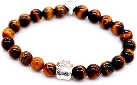Healing Power Bracelet with Dog Paw Charm Lava Tiger Eye Stone Elastic Stretch Beaded Bracelets (Tiger Eye)