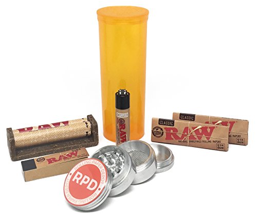 Bundle - 7 Items - RAW Rolling Paper, Tips, Roller and Lighter with Grinder and Storage Container