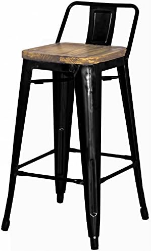 Metropolis Metal Low Back Counter Stool 26" Wood Seat,Indoor/Outdoor Ready,Black,Set of 4