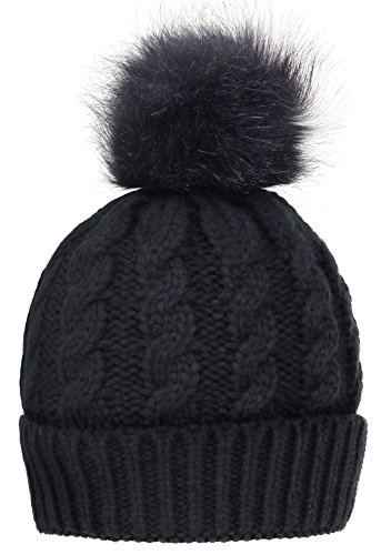 Simplicity Men / Women's Winter Hand Knit Faux Fur Black Pompoms Beanie Hat, Single-Black Pom Beanie