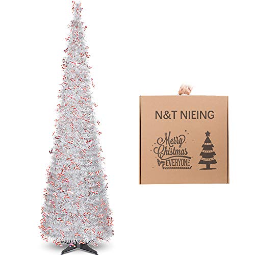N&T NIETING Christmas Tree, 6ft Collapsible Pop Up Silver Tinsel Christmas Tree with Christmas Candy Cane Coastal Christmas Tree for Holiday Xmas Decorations, Home Display, Office Decor