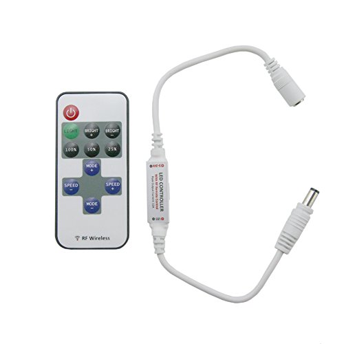HitLights LED Strip Light RF Remote Dimmer, White, Easy DC Jack Installation, 5-24V DC, 8A Max, LED Tape Light