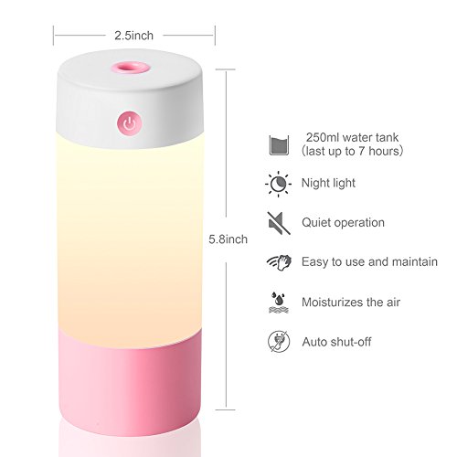 Sbode Cool Mist Humidifiers, 250mL Office Desk Whisper Quiet Humidifier USB Powered, Night Light Mode, for Baby Room, Travel, Car, Bedroom (Pink) - Thumbnail 2