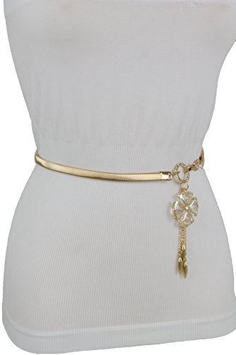 TFJ Women Fashion Skinny Elastic Belt Hip High Waist Metal Flower Buckle S M L Gold