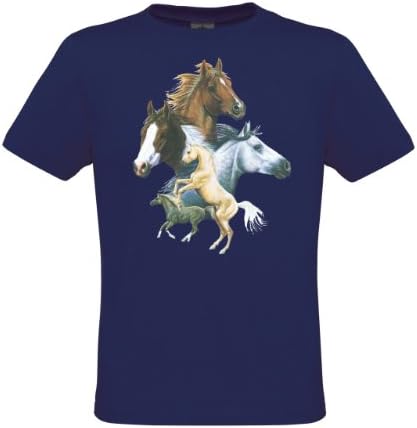 Ethno Designs Womens &amp; Girls Equestrian Supplies - Big Girls Horse T-Shirt 5 Horses regular fit, size 12-14 years, navy