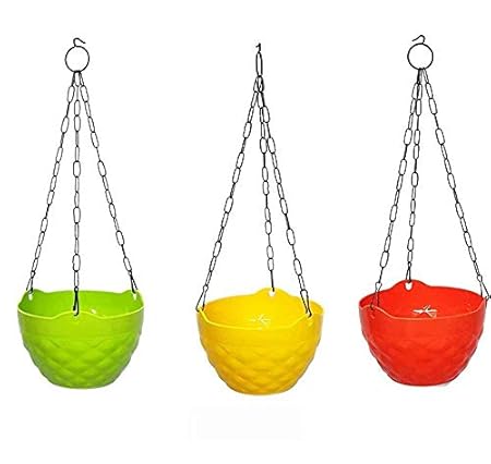 bvslf Hanging Flower Pot Gamla for Indoor Outdoor Plants Garden Balcony, Flower Pot Basket Hanging for Balcony Grill with Metal Chain, Set of 3, Multicolor