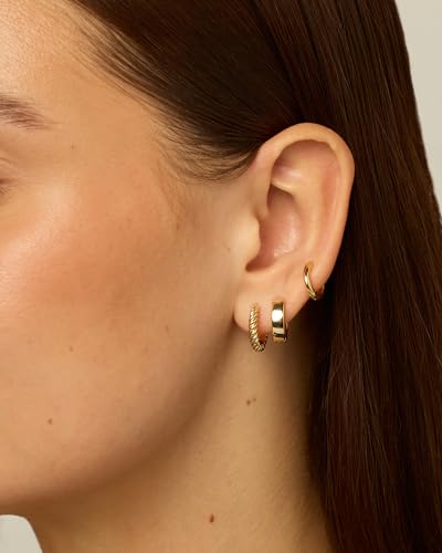 PAVOI 14K-18K Yellow Gold Plated Sterling Silver Posts Three Pairs Small Hoop Earrings for Women - Statement Gold Hoop Earrings Set - Cubic Zirconia Rope Teardrop Chunky Huggie Earscape Piercings