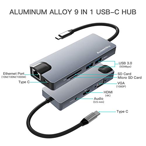 USB C Hub, 9 in 1 Type C Hub, Aluminum Alloy USB C Adapter with USB 3.0 Ports, 4K HDMI Port, Ethernet Port, SD Card/Micro Card Reader, Type C Port, VGA Port, Audio Port, for USB Type C Devices (Grey)