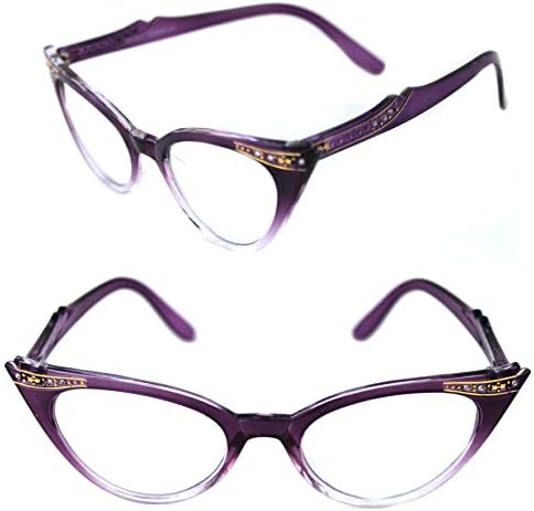 WOMEN'S CAT EYE SMALL RETRO GRADIENT FRAME CLEAR LENS GLASSES WITH GOLD RHINESTONES