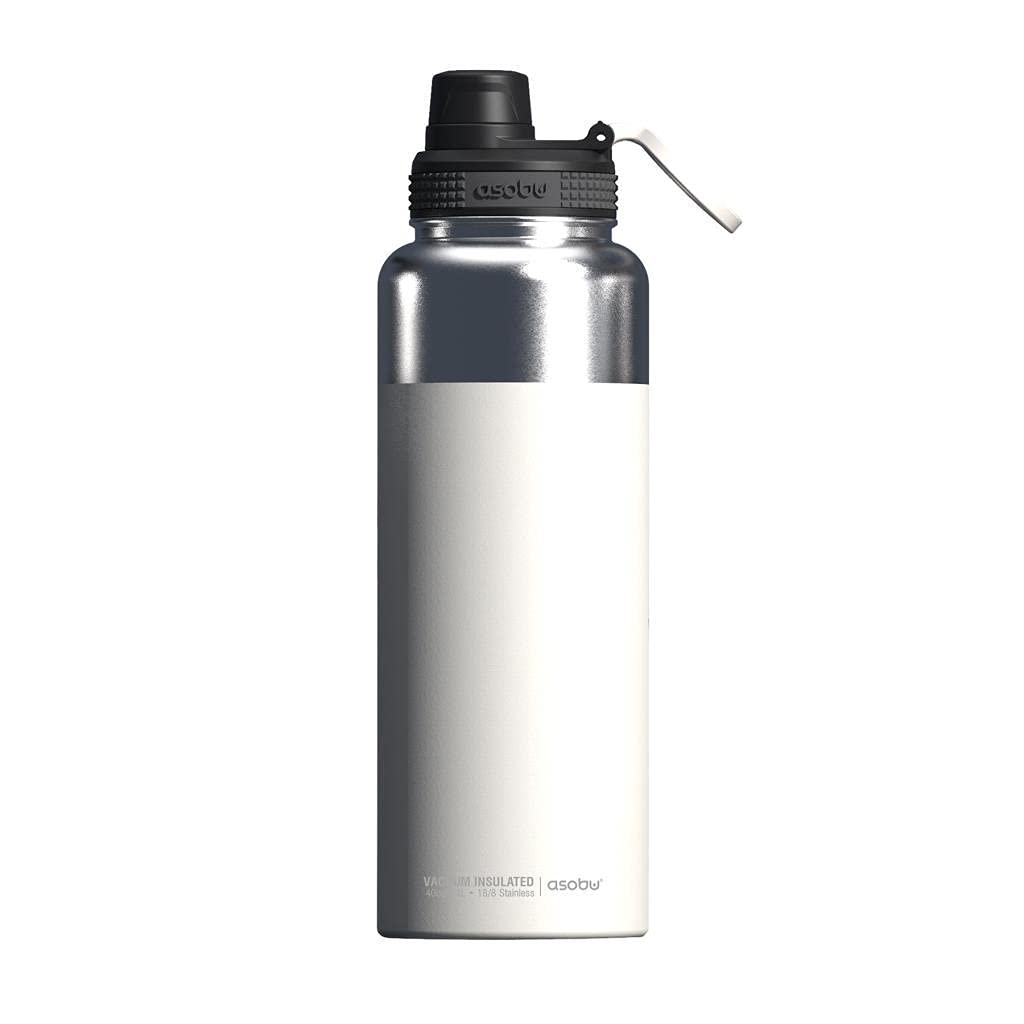 Asobu BPA Free Mighty 40 OZ Flask Water Bottle Made of Stainless Steel with Easy Grip Handle and Easy Access Spout Stays Hot/Cold for 12/24 Hours (White)