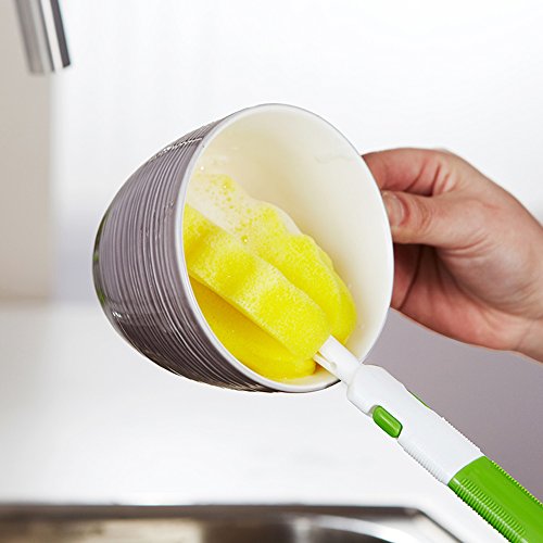 Durable Soft Spong Bottle Cleaning Brush Set Cleaner Tool Long Handle for Tea Cups Glass Coffee Stains Porcelain Baby Bottle With No Scratch (Green)