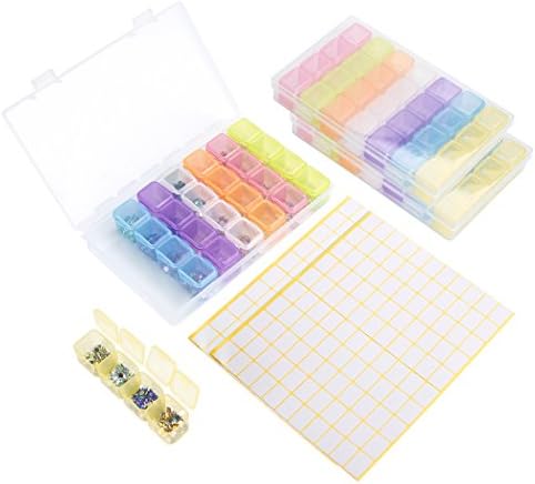 Diamond Painting Embroidery Box 3 Pack 28 Slots Colorful Accessory Storage Box Organiser Removable Clear Plastic Nail Art Rhinestone Art Craft Pill Bead Storage Box Case with 2 Label Marker Sticker