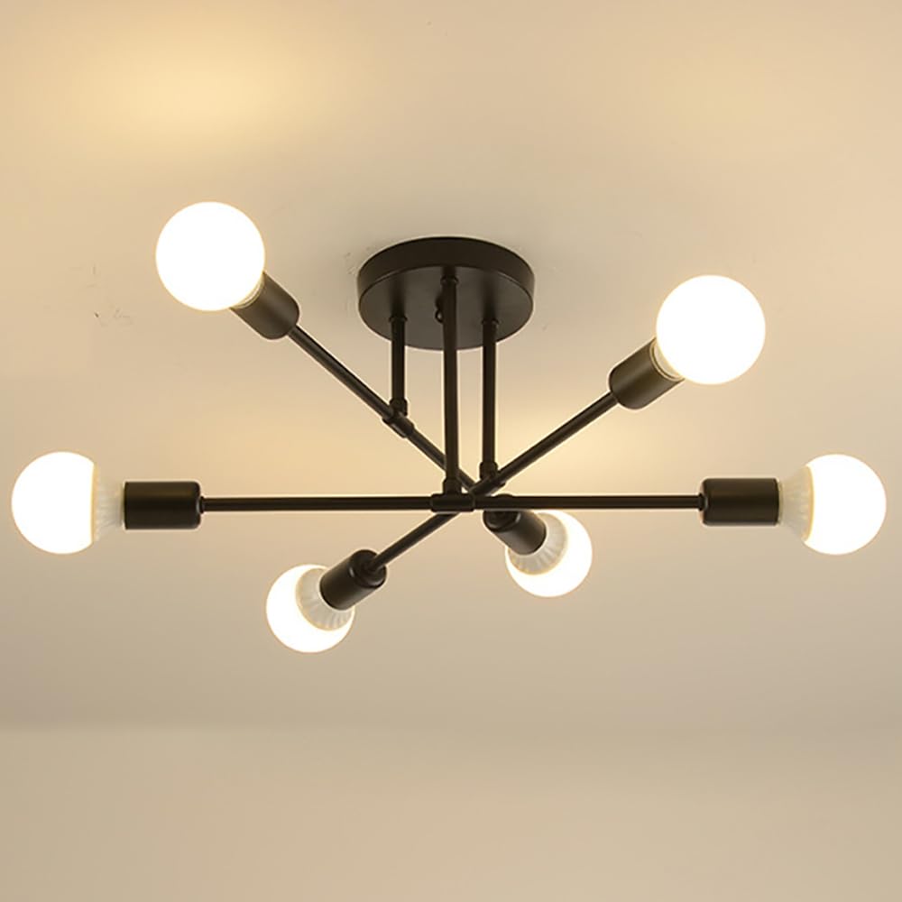 Goeco Vintage Metal Ceiling Light with E27 Lampholder, Industrial Chandelier Ceiling Lighting Fixture with 6 Arms, Black Semi-Flush Ceiling Lamp for Bedroom, Living Room, Dining Room, Kitchen