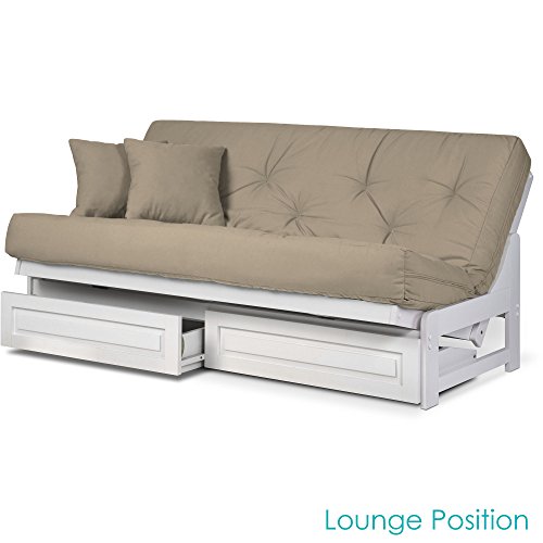 Arden White Futon with Storage Drawers Queen Size Minimalist Armless Design with 8 Inch