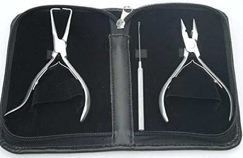 Micro Ring Hair Extension & Beading Tool Kit Plier Set S Steel (3 Pcs) Black Zipper Case