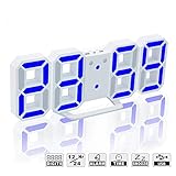 Evangel LED Digital Alarm Clock for Desk/Shelf/Tabletop, Modern Home Decoration 3D Wall Clock, Easy to Read at Night, Loud Alarm and Snooze, Big Digit Display (White Frame, Blue Light)