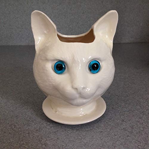 Handmade White Ceramic pot Succulent herb pot, Glass Blue Eyes, New Cat Doll head ceramic planter on saucer with drain holes Toothbrush or, desktop pencil holder