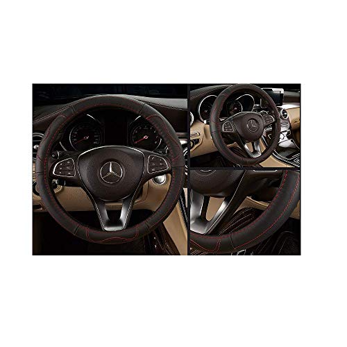 Bestobal Car Steering Wheel Cover Genuine Leather, Universal 15 Inch, Black with Red Lines - Durable, Anti Slip & Odor-Free